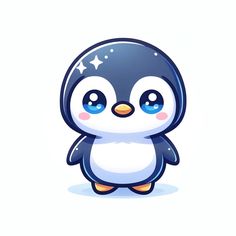 a cartoon penguin with blue eyes and stars on its head