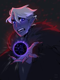 a drawing of a man holding a glowing ball in his right hand and looking at the camera