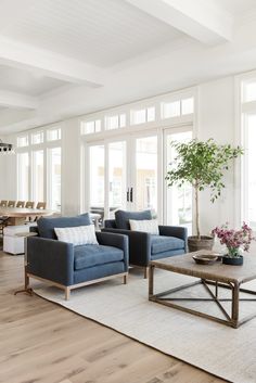 a living room with two couches and a coffee table in front of large windows