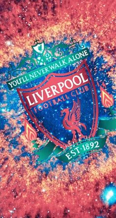 the liverpool football club logo is surrounded by red and blue stars in this artistic photo