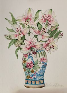 a painting of white and pink flowers in a blue vase with green leaves on it