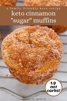 an advertisement for keto cinnamon sugar muffins on a cooling rack