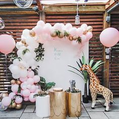 a giraffe is standing in front of a wall with balloons and greenery