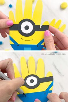 someone is making a minion hand puppet out of construction paper