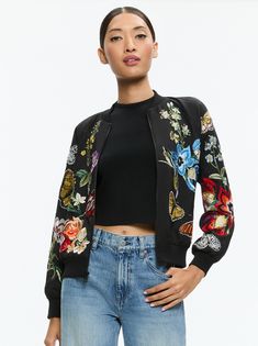 Felisa Embellished Varsity Jacket In Le Parisien Black | Alice + Olivia Bow Collar, Open Front Jacket, Crop Jacket, Alice Olivia, Varsity Jacket, Embellishments, Fitness Models, Personal Style, Top Brands