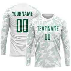 a white and green camo jersey with the number 00 on it, that says team name