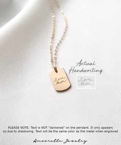 Actual Handwriting Necklace,Personalized Engraved Memory Necklace 𝐈𝐓𝐄𝐌 𝐃𝐄𝐓𝐀𝐈𝐋𝐒 ▪ Sterling Silver or 14k Gold Filled ▪ Pendant: Mini Dog Tag ▪ Pendant Size: 15x9mm 𝐈𝐍𝐒𝐓𝐑𝐔𝐂𝐓𝐈𝐎𝐍𝐒 See photo for step-by-step instructions on how to send photo Please check emails/messages after ordering! We will send you a preview/mock-up of the handwriting on the pendant that will require your approval before the necklace will be made. 𝐍𝐄𝐂𝐊𝐋𝐀𝐂𝐄 𝐀𝐃𝐃 𝐎𝐍𝐒 ▪ DOUBLE SIDED ENGRAVING: htt Gold Hand Stamped Jewelry For Father's Day, Father's Day Gold Hand Stamped Jewelry, Anniversary Dog Tag Necklace With Name, Anniversary Name Dog Tag Necklace, Anniversary Dog Tag Name Necklace, Gold Hand Stamped Dog Tag Jewelry, Hand Stamped Gold Dog Tag Jewelry, Personalized Memorial Dog Tag Jewelry, Personalized Dog Tag Jewelry For Memorial