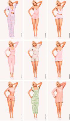 six different images of the same woman in pink and green pajamas, one with her hands on her head