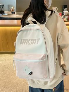 BirdinBag - Functional Two-Tone Backpack with Letter Print Casual White Backpack For Study, Casual White Study Backpack, White Letter Print Backpack For Back To School, Back To School White Letter Print Backpack, Trendy White Backpack With Letter Print, Everyday White Backpack With Letter Print, White Letter Print Backpack For Students, White Softback Backpack For Study, White Letter Print Bag For Back To School