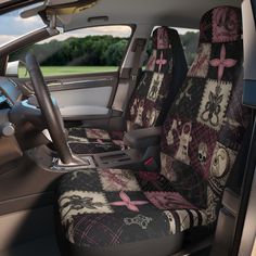 the interior of a car is decorated with skulls and crosses