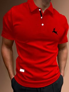 Printed Polo Shirts Men, Big Men Fashion, Deer Print, Slim Fit Top, Men Clothes, Classic Jeans, Color Rojo, T-shirt Polos