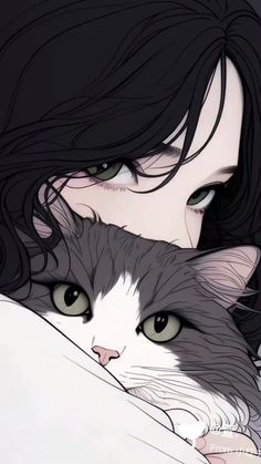 a woman holding a gray and white cat over her shoulder with long black hair on it's head