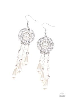 White pearl beaded tassels taper from the bottom of a pearl beaded and white rhinestone encrusted floral frame, creating a refined dream catcher inspired frame. Earring attaches to a standard fishhook fitting.

 Sold as one pair of earrings. White Pearl Earring, Floral Frame, Paparazzi Accessories, White Rhinestone, Paparazzi Jewelry, White Earrings, Beaded Tassels, Jewelry Lover, White Pearl