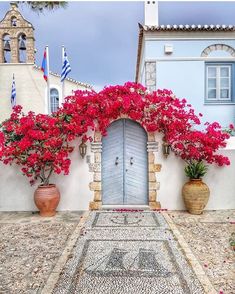 a blue door surrounded by potted flowers on the side of a building with flags flying in the background