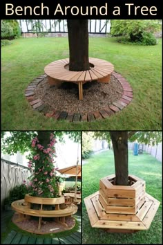 the bench around a tree is made out of wooden pallets and has benches underneath it