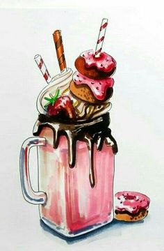 a painting of some ice cream and doughnuts in a mug