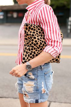 Leopard Print Outfit, Brooklyn Blonde, Mixing Patterns, Leopard Clutch, Jerome Dreyfuss, Mish Mash, Colour Combo, Boyfriend Shorts, Tailored Shorts