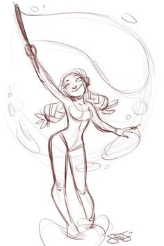 a drawing of a girl on a surfboard with her arms in the air and holding an umbrella