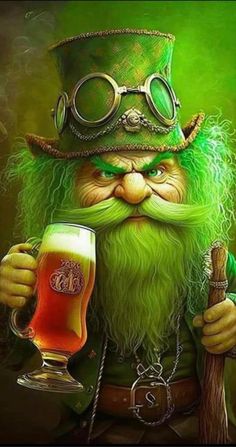 a painting of a lepreziger holding a glass of beer and looking at the camera