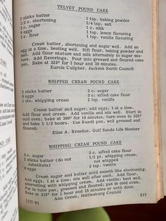 an open book with instructions on how to make cake