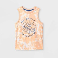 Description:   Update his summer style with this cool and comfy Tie-Dye Tank Top from Cat and Jack. This boys' tank top makes a versatile warm-weather pick. Styled with a basic crew neck, this classic-fit tank top features a dinosaur riding on the surf with "Surf and Play Until the End of the Day" written on a tie-dye backdrop for a fun touch to his casual look. He can wear it with jeans, shorts or joggers, and easily layer it under a hoodie or sweater for cozy style. Size: XXL. Color: orange. G Boys Tank Tops, Boys Ties, Tie Dye Tank Top, Cat Top, A Dinosaur, Knit Tank Top, Tie Dye Designs, Knit Tank, Workout Tank Tops