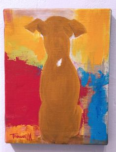 a painting of a dog sitting on top of a wooden block in front of a white wall