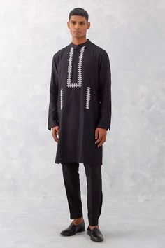 Shop for Devnaagri Black Woven Chanderi Embroidered Placket Kurta With Pant for Men Online at Aza Fashions Black Long Sleeve Kurta For Work, Black Long Sleeve Kurta For Spring, Fitted Black Spring Kurta, Full Sleeve Kurta, Placement Embroidery, Lace Neckline, Flower Lace, Kurta With Pants, Lace Embroidery