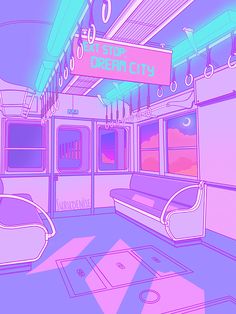 the interior of a subway car with pink and blue colors