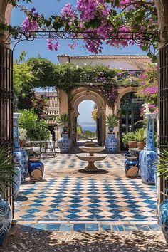 an outdoor area with blue and white vases