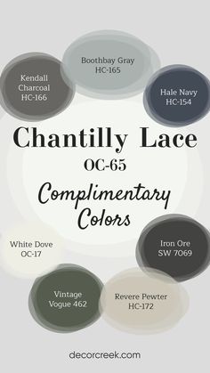 Chantilly Lace by Benjamin Moore is a bright, crisp white that pairs effortlessly with a range of colors. Hale Navy offers a striking contrast, while Revere Pewter and Boothbay Gray create soft, balanced looks. For added depth and warmth, Balboa Mist and Kendall Charcoal work beautifully. Vintage Vogue brings a touch of rich sophistication, and White Dove completes the palette with a seamless, soft finish. These color combinations suit both modern and classic styles, enhancing any room's design Vintage Vogue Paint Benjamin Moore, Balboa Mist And White Dove, Chantilly Lace And Revere Pewter, Revere Pewter Benjamin Moore Living Room, Revere Pewter Complementary Colors, Kendall Gray Benjamin Moore, Chantilly Lace Coordinating Colors, Benjamin Moore Kendall Charcoal, Boothbay Gray Benjamin Moore