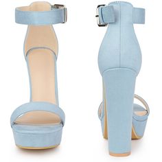 Looking for a stylish addition to your shoe collection? Look no further than these 70s-inspired sandals! Boasting a high chunky heel and platform, they're designed for both style and comfort. The wide straps and ankle strap provide additional support, while the open toe adds a touch of elegance to your look. The vamp is made of faux suede, while the outsole is made of rubber and the heel is made of ABS. Perfect for any occasion, these strappy platform sandals are sure to turn heads and make a st Light Blue Platform Sandals With Ankle Strap, Light Blue Ankle Strap Sandals With Platform, Trendy Light Blue Block Heel Heels, Blue Chunky Platform Heels With Round Toe, Light Blue Block Heel Sandals With Padded Heel, Light Blue Sandals With Padded Block Heel, Modern Blue Sandals With Block Heel, Modern Blue Block Heel Sandals, Blue Chunky Platform High Heels