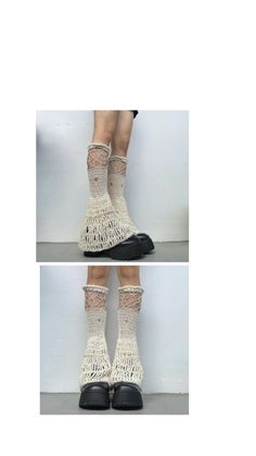 the legs and ankles of a woman wearing white socks with crochet on them