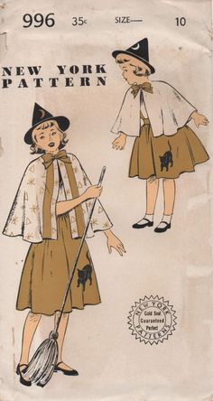 an old fashion sewing pattern from the 1950's shows two children dressed in costumes