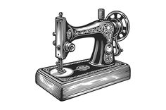 an old sewing machine is shown in this black and white drawing, it's the only thing that can be seen here