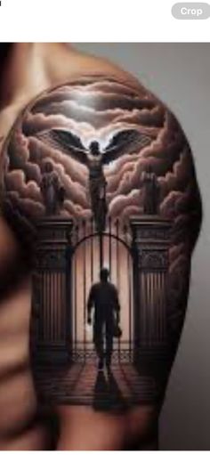 a man's arm with an image of a person standing in front of a gate