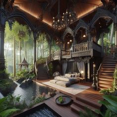 an artistic rendering of a living room in the woods with stairs leading up to it