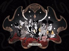 an image of some anime characters on a black and red background with pearls around them