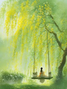 a painting of a woman sitting on a swing in the middle of a tree filled with yellow flowers