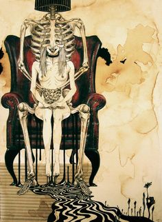 a drawing of a skeleton sitting in a chair