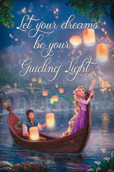 a man and woman on a boat with lanterns floating in the air above them, reading let your dreams be your guiding light