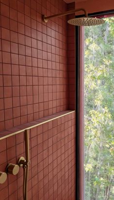 a bathroom with red tiles and a shower head in front of a window that looks out onto the woods