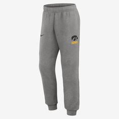 These Iowa Hawkeyes Primetime Club Joggers are a closet staple for form, function and design. The fleece lining is warm, and ribbed cuffs provide a classic jogger fit. Gray Sports Pants With Ribbed Cuffs, Nike Bottoms With Ribbed Cuffs For Winter, Iowa Hawkeyes, College Sports, Sport Pants, Men's Nike, Jogger Pants, Iowa, Nike Men