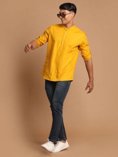 Vastramay Men's Mustard Short Cotton Kurta Cotton Long Sleeve Bandhgala For Diwali, Diwali Cotton Bandhgala Straight Kurta, Cotton Kurta, Hot Outfits, Color Shorts, Product Images, Stylish Men, Dark Colors, Cotton Shorts