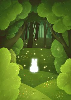 an illustration of a bunny in the woods at night