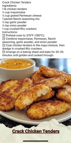 chicken tenders recipe on a plate with dipping sauce