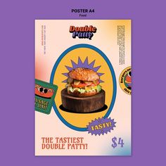 a poster advertising a double patty sandwich on a purple background with an advertisement for the tastyest double patty