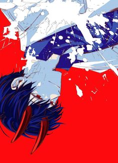 an anime character with blue hair and red background