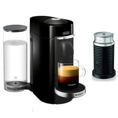 there is a coffee maker next to a cup of coffee and an empty canister