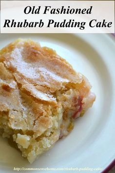 old fashioned rhubarb pudding cake on a white plate with text overlay