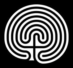 a black and white circular maze with an arrow in the center on a black background